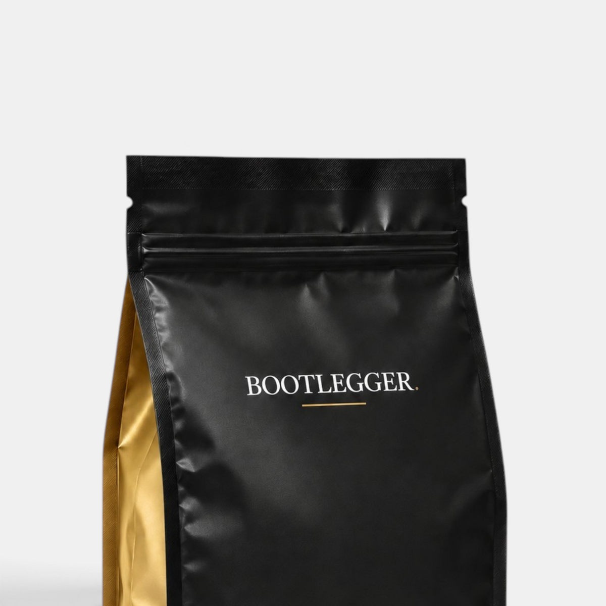 Bootlegger Coffee House Blend 500g coffee bag in black and gold packaging with a resealable top