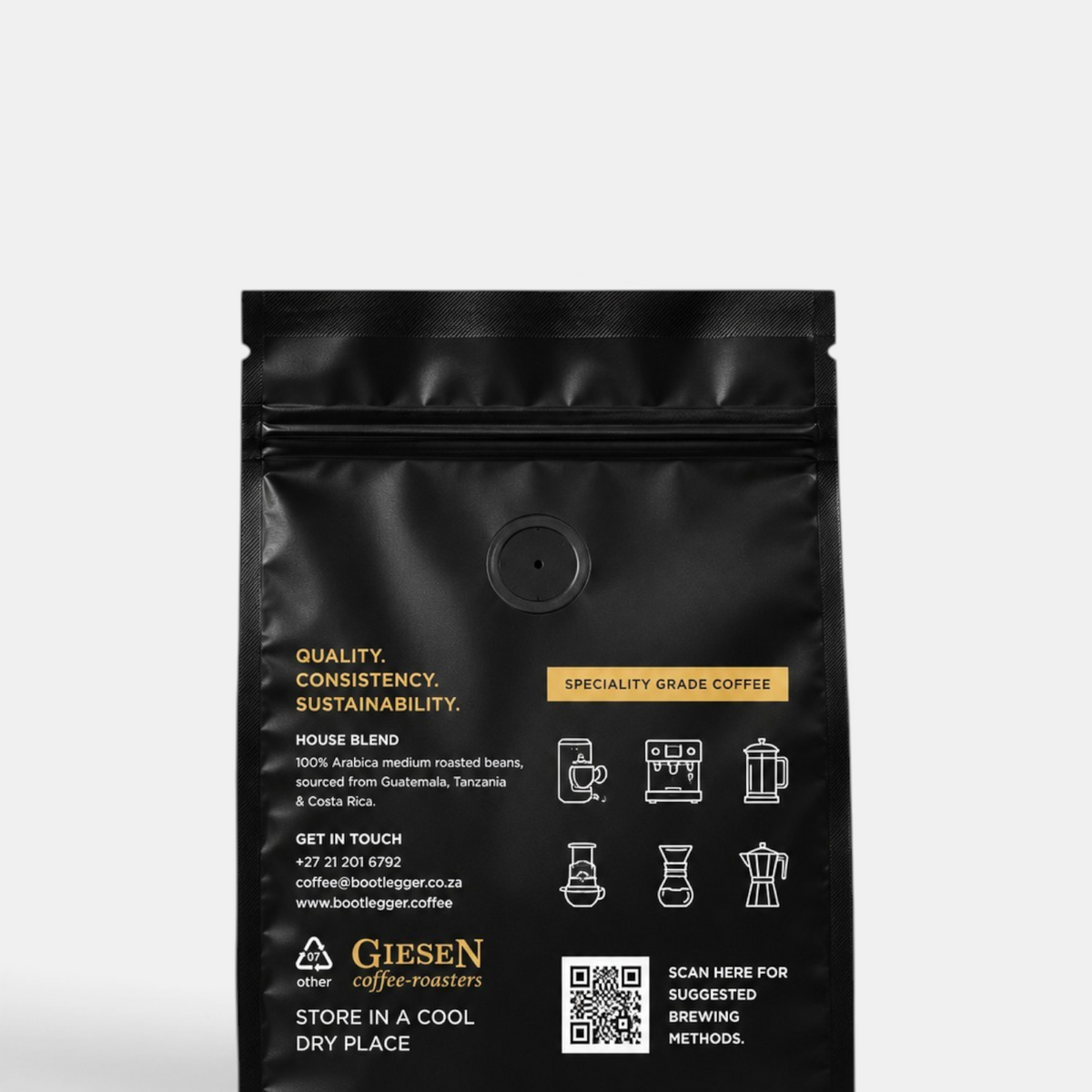 Bootlegger Coffee House Blend 500g black coffee bag with brewing method icons and product information