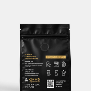 Bootlegger Coffee House Blend 500g black coffee bag with brewing method icons and product information