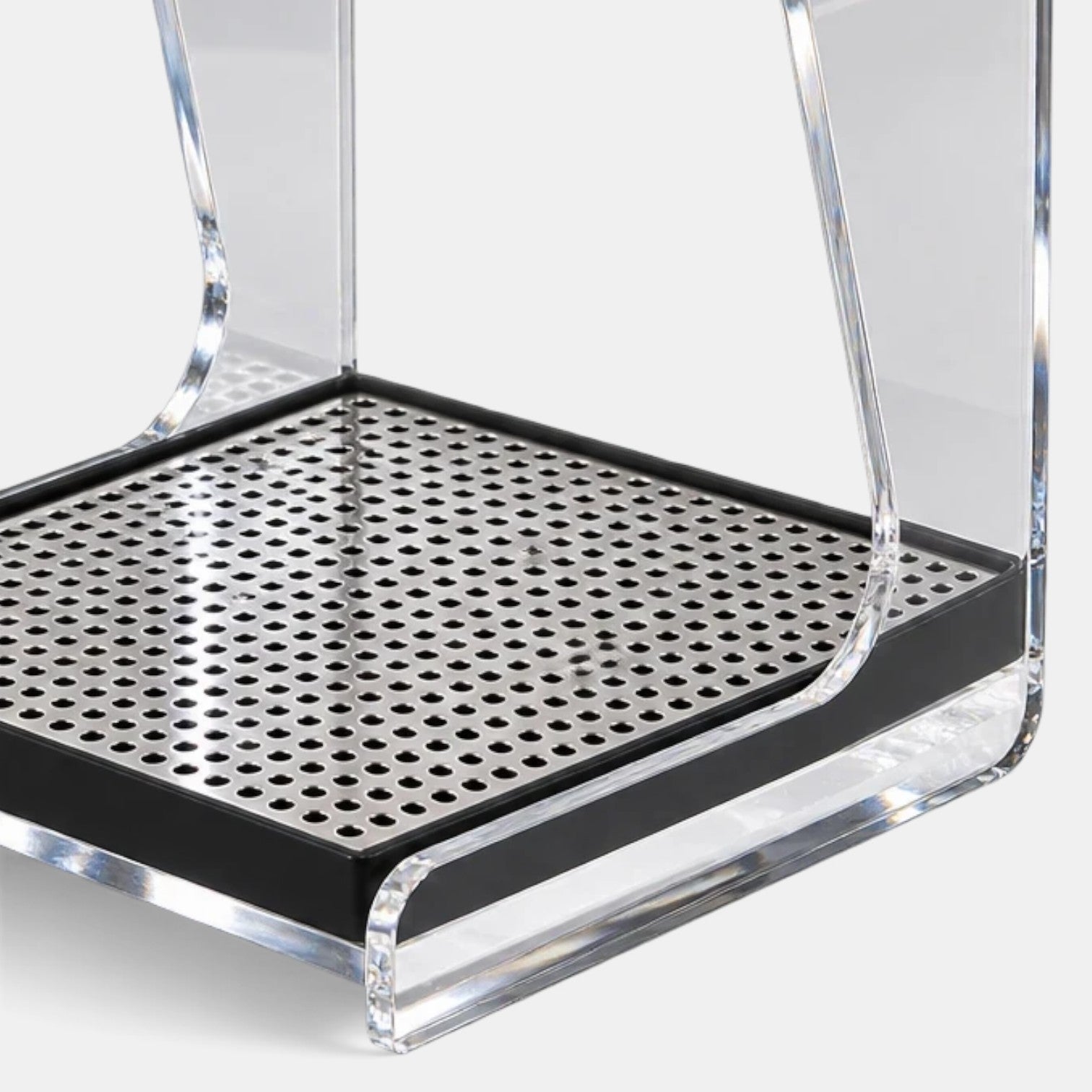 Bootlegger Coffee Hario V60 acrylic drip station with a stainless steel perforated tray for pour-over brewing.