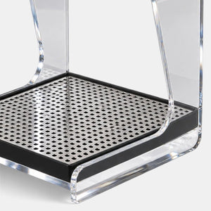 Bootlegger Coffee Hario V60 acrylic drip station with a stainless steel perforated tray for pour-over brewing.
