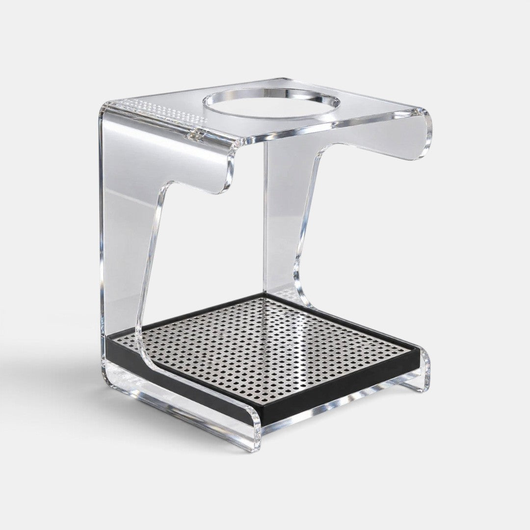 Bootlegger Coffee Hario V60 acrylic drip station pour-over stand with a clear frame and metal drip tray