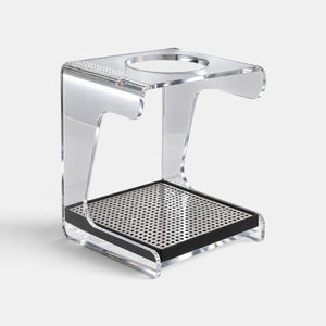 Bootlegger Coffee Hario V60 acrylic drip station pour-over stand with a clear frame and metal drip tray