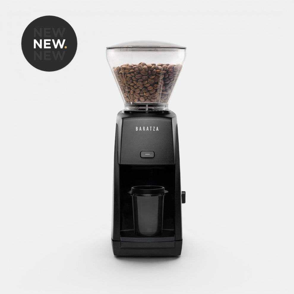 Bootlegger Coffee Baratza Encore ESP black espresso grinder with a clear bean hopper filled with coffee beans.