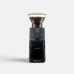 Bootlegger Coffee Baratza Encore ESP Pro espresso grinder in black with a clear bean hopper on a white background