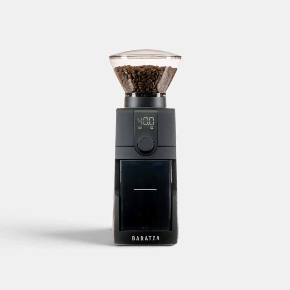 Bootlegger Coffee Baratza Encore ESP Pro espresso grinder in black with a clear bean hopper on a white background