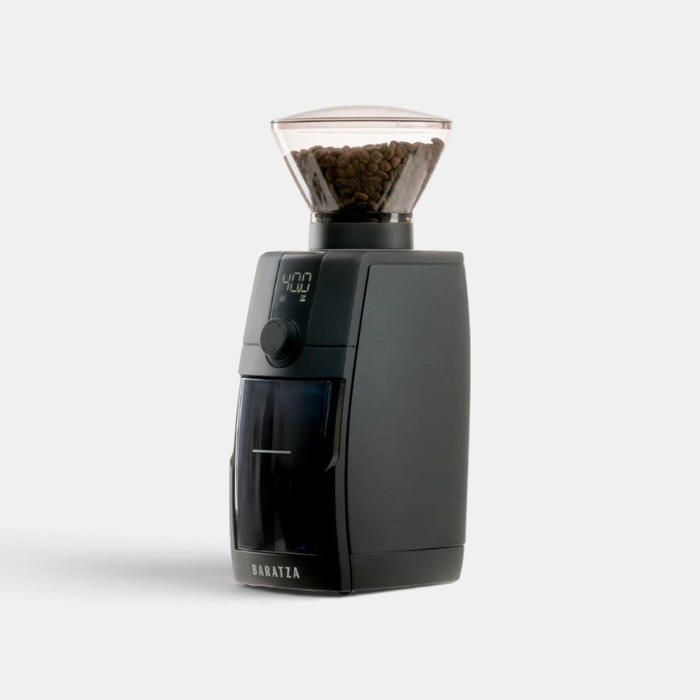 Bootlegger Coffee Baratza Encore ESP Pro black espresso grinder with clear bean hopper on a white background