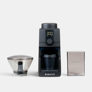 Bootlegger Coffee Baratza Encore ESP Pro espresso grinder in matte black with digital display and detachable hopper.