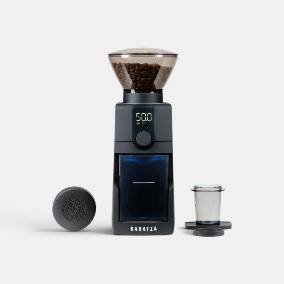 Bootlegger Coffee Baratza Encore ESP Pro espresso grinder in black with digital display and coffee bean hopper