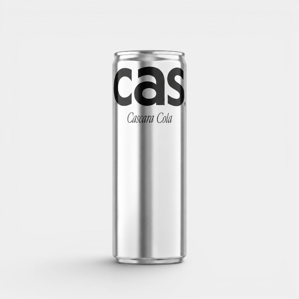 Bootlegger Coffee CAS Cascara Cola slim silver aluminum beverage can with bold black typography on a white background