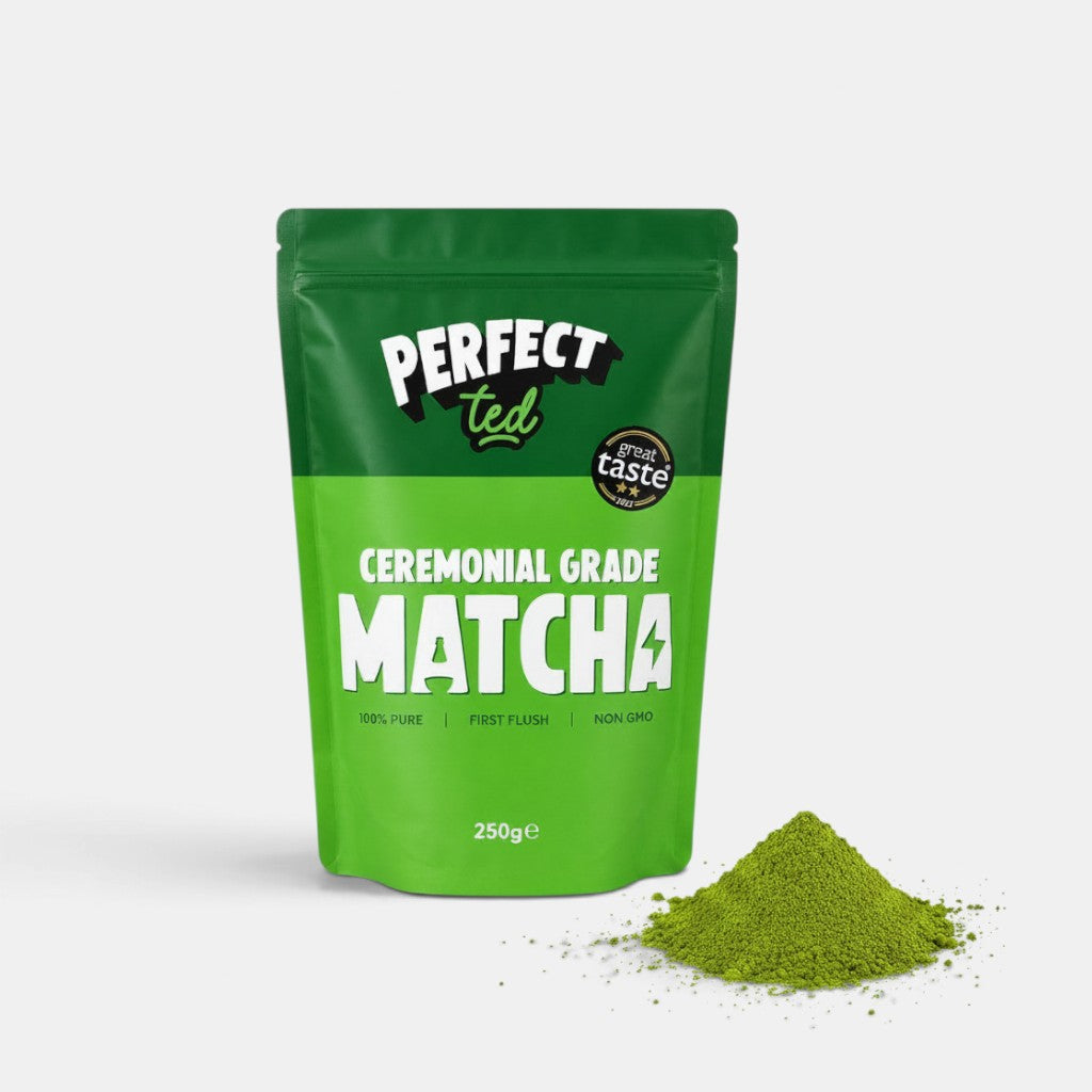 Bootlegger Coffee 250g pouch of vibrant green ceremonial grade matcha powder with a small pile of tea in front