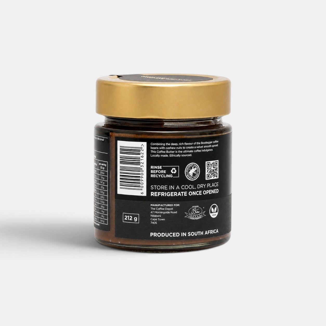Bootlegger Coffee Coffee Butter jar back view with nutritional information and product details on a black label