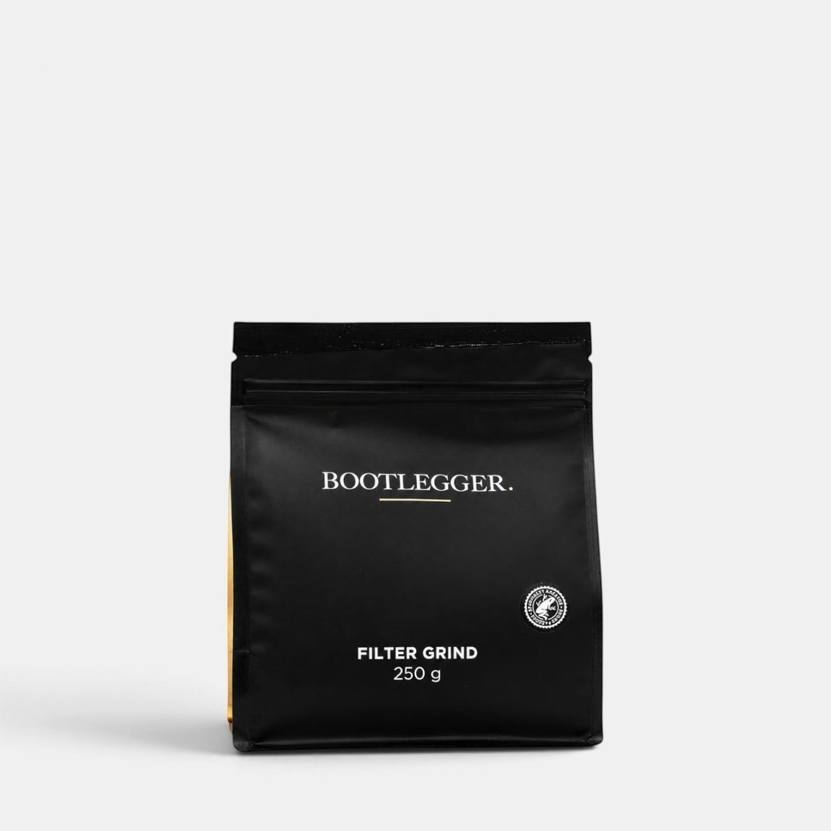 Bootlegger Coffee Colombia Decaf 250g filter grind coffee bag in matte black packaging