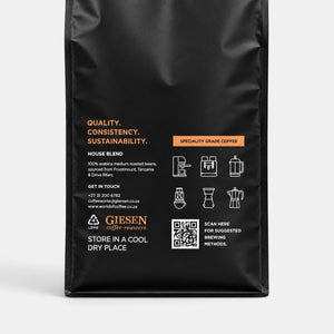 Back of a Bootlegger Coffee 1kg bag featuring brewing method icons and product information on a matte black pouch.