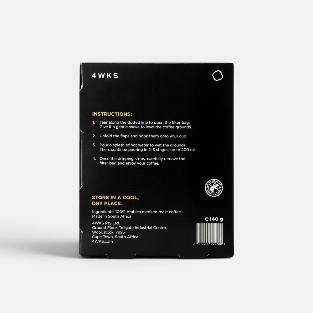Back of Bootlegger Coffee drip bag packaging showing brewing instructions, ingredients, and product details.