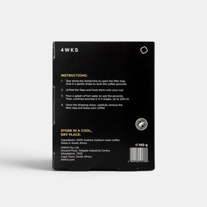 Back of Bootlegger Coffee drip bag packaging showing brewing instructions, ingredients, and product details.