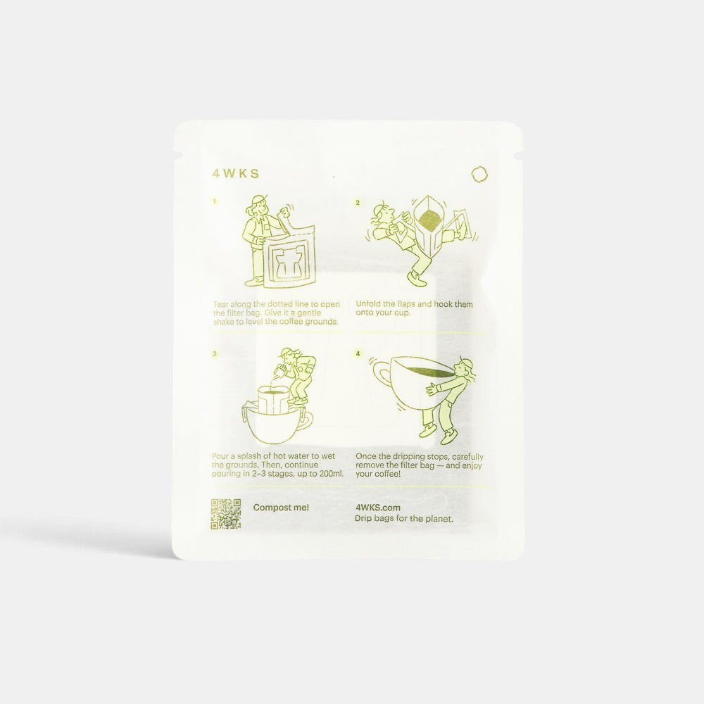Bootlegger Coffee drip bag packaging with green instructional illustrations on a white compostable pouch.
