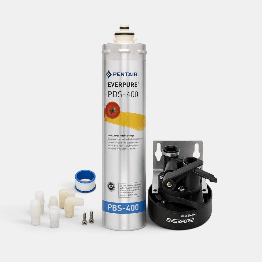 Bootlegger Coffee Everpure PBS-400 under counter water filtration system with filter cartridge and mounting head