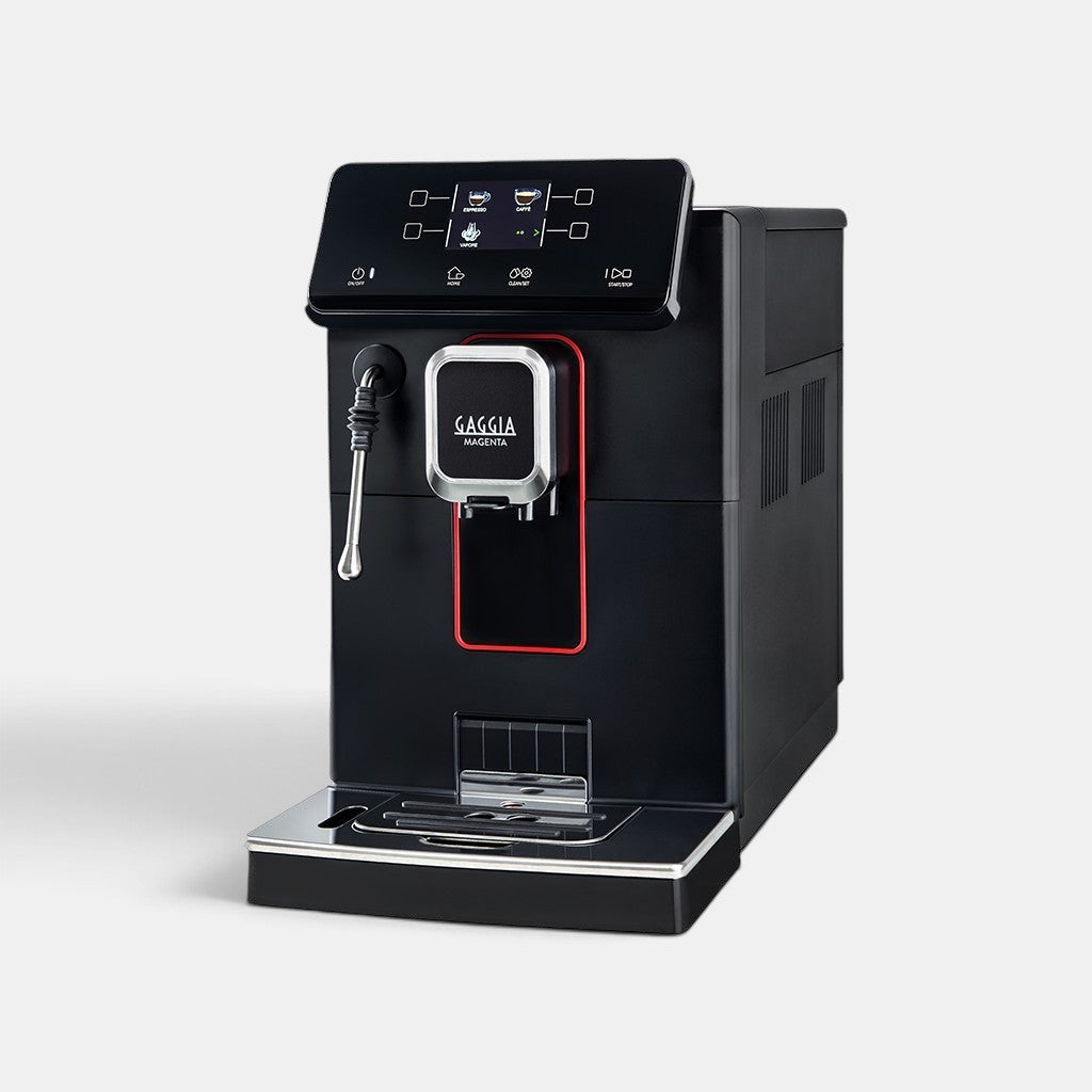 Bootlegger Coffee Gaggia Magenta Plus automatic espresso machine in black with a digital touch interface
