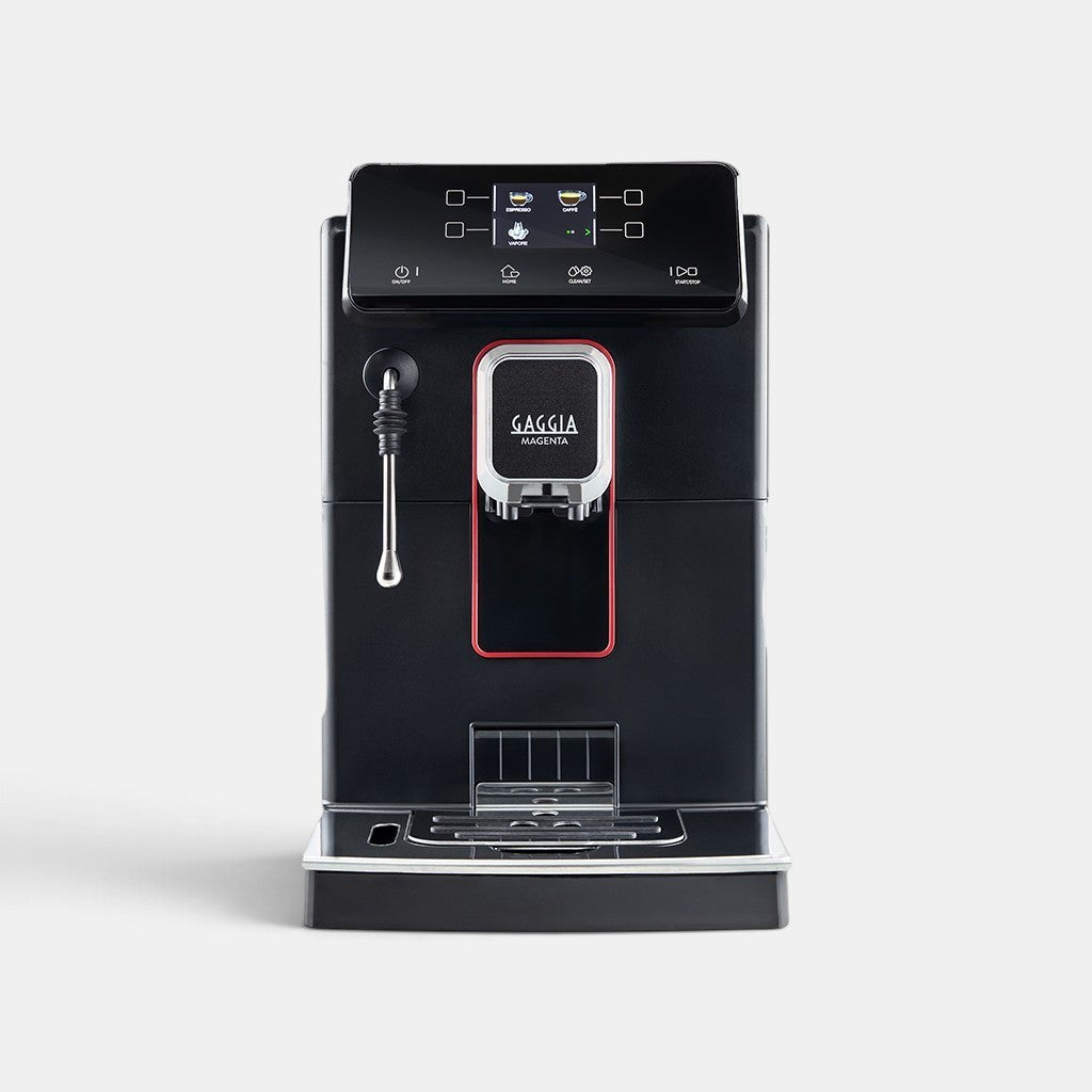 Bootlegger Coffee Gaggia Magenta Plus automatic espresso machine in black with a digital touch interface