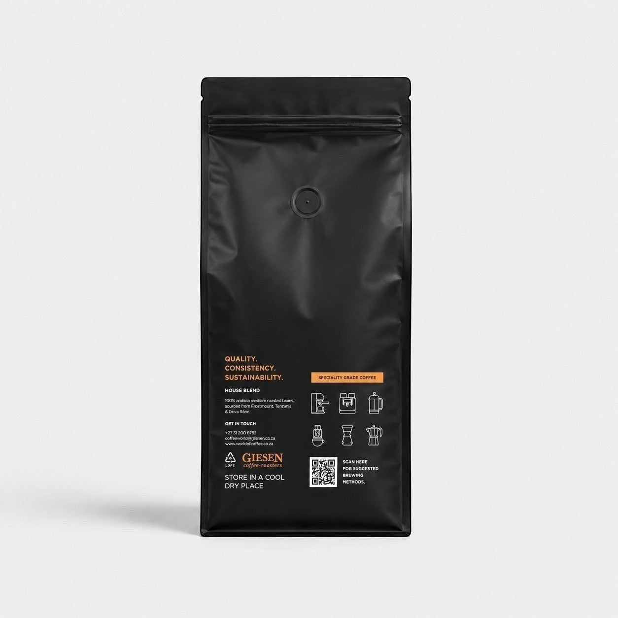 Back of a 1kg Bootlegger Coffee House Blend bag featuring brewing instructions and product details on black matte
