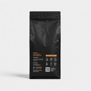 Back of a 1kg Bootlegger Coffee House Blend bag featuring brewing instructions and product details on black matte