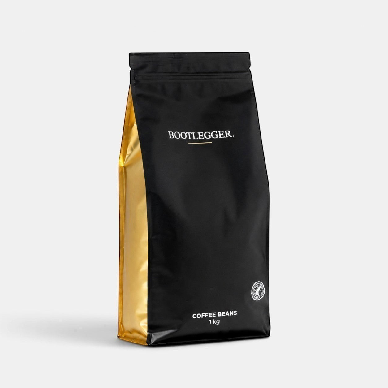 Bootlegger Coffee House Blend 1kg coffee beans in a sleek black and gold bag