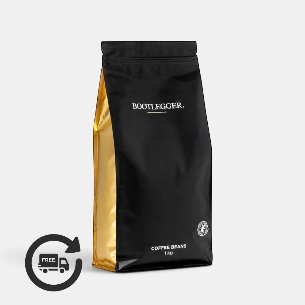 Bootlegger Coffee 1kg bag of House Blend coffee beans in a black and gold matte pouch