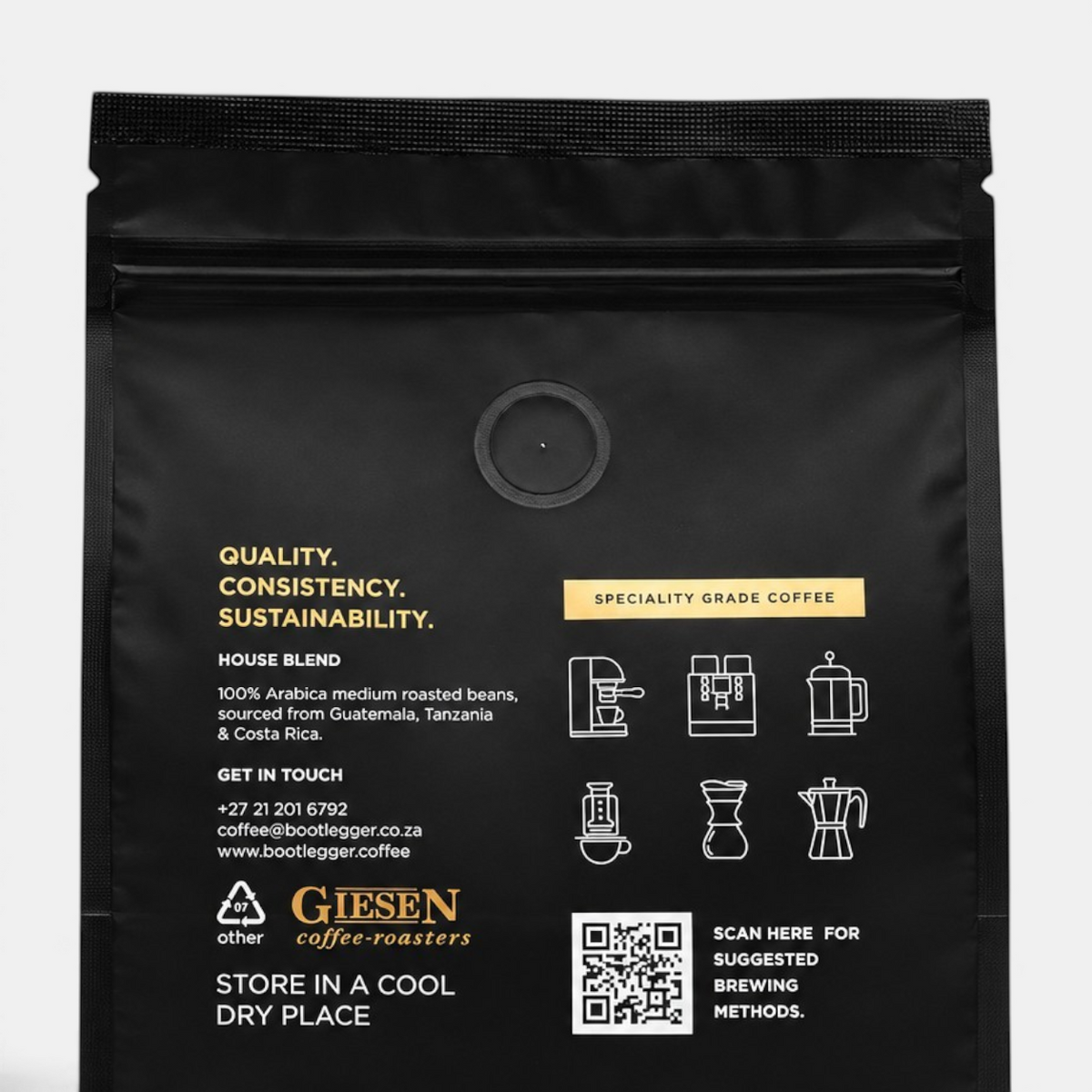 Bootlegger Coffee House Blend 250g matte black coffee bag with gold text and brewing method icons