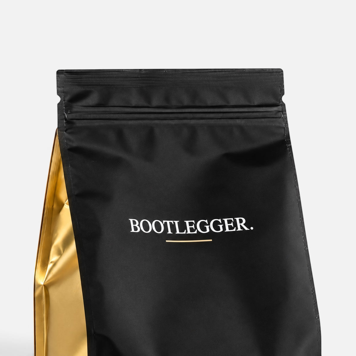 Bootlegger Coffee House Blend 2kg coffee bag in matte black with gold side panels and white logo branding