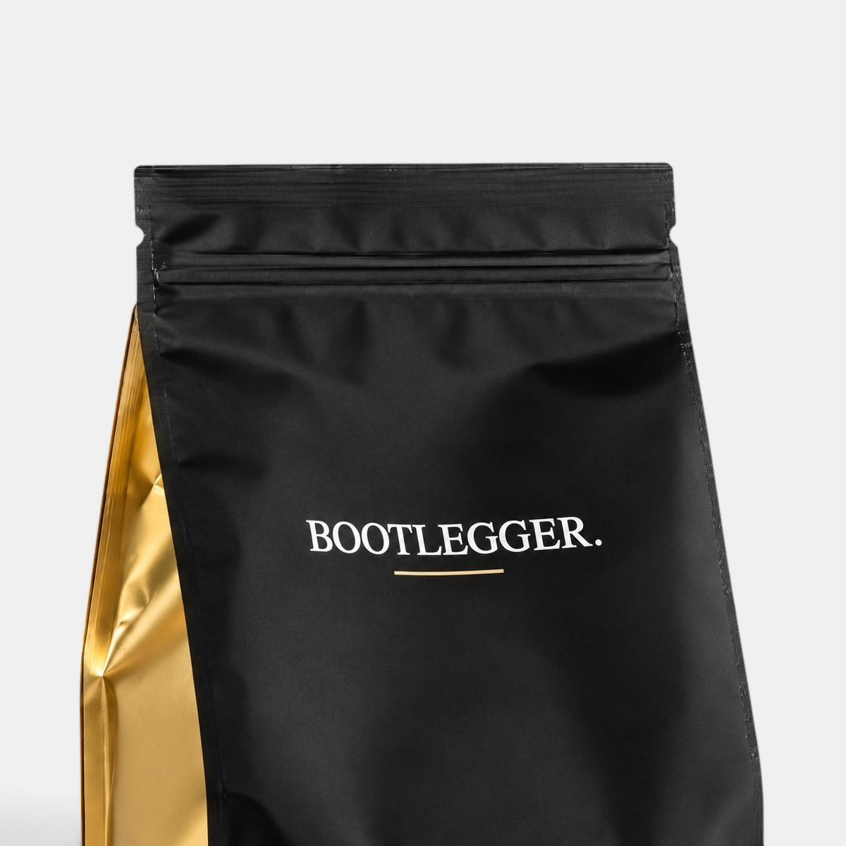 Bootlegger Coffee House Blend 1kg matte black coffee bag with gold side gussets and white branding