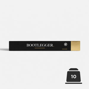 Bootlegger Coffee House Blend coffee capsules in a sleek black box with gold accents, containing 10 pods.