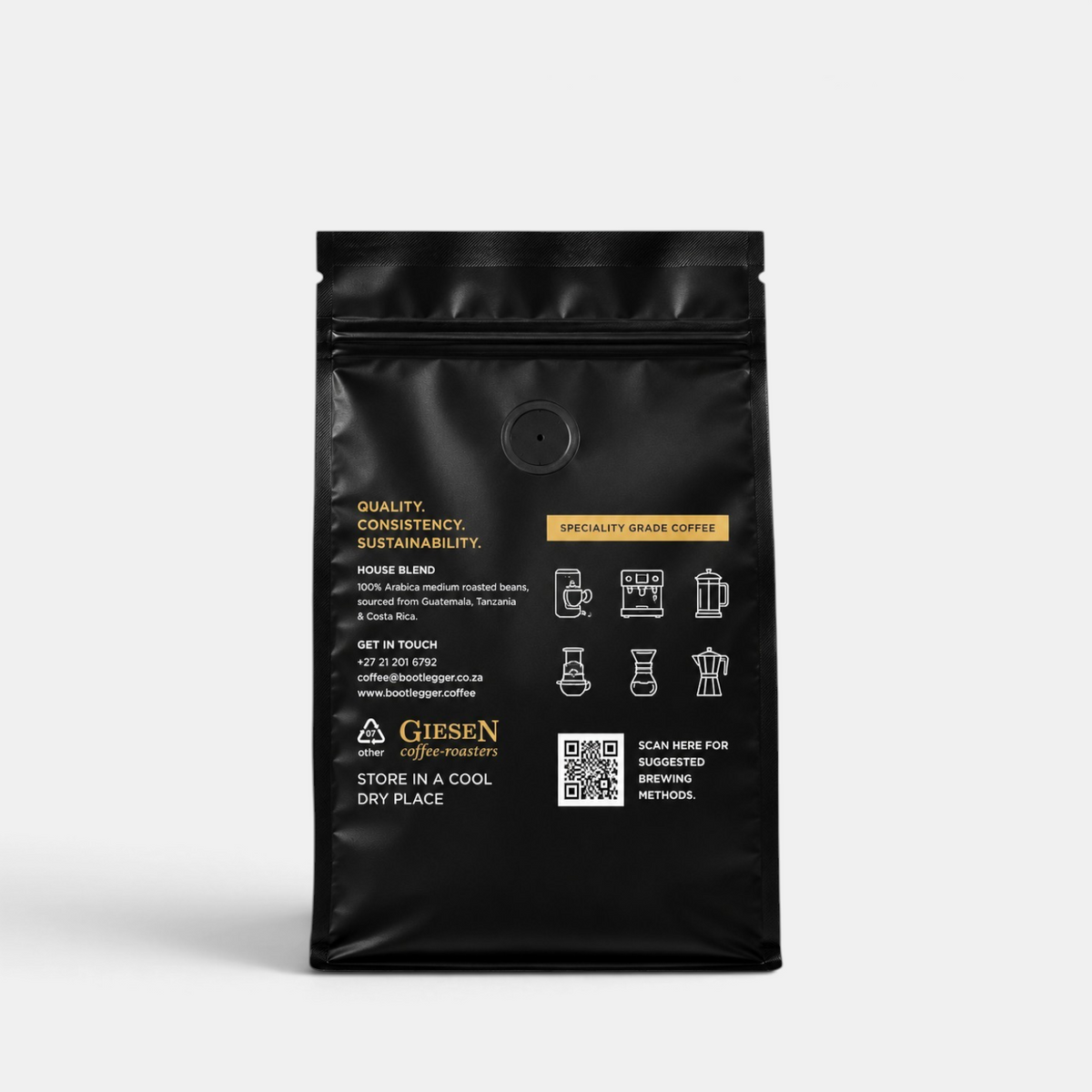 Back of Bootlegger Coffee House Blend 500g black coffee bag with brewing method icons and product information