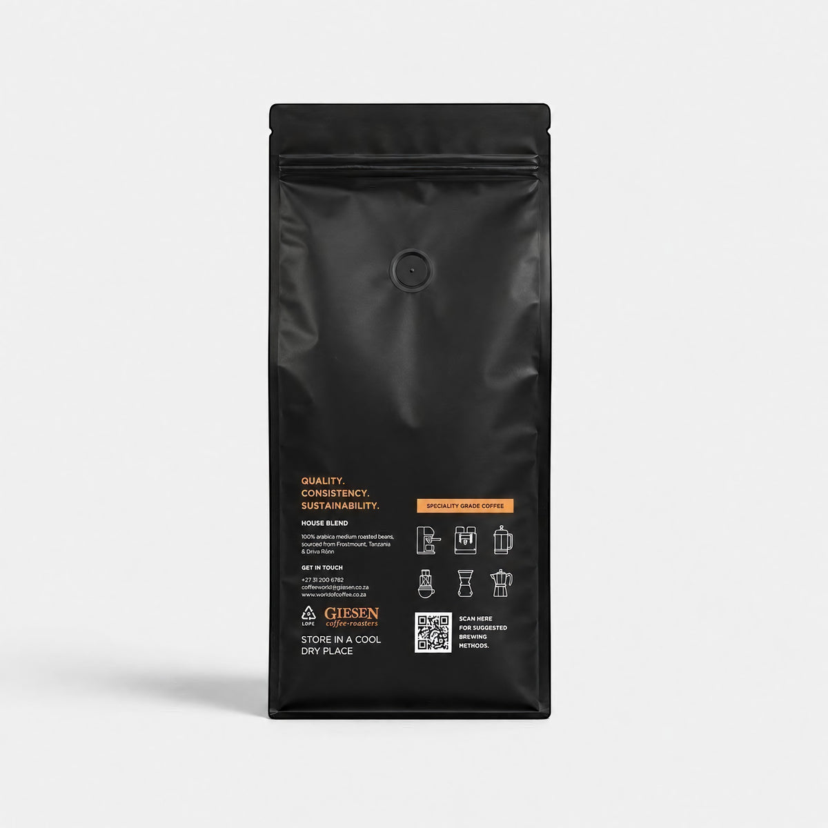 Bootlegger Coffee House Blend 2kg matte black coffee bag with white text and brewing method icons