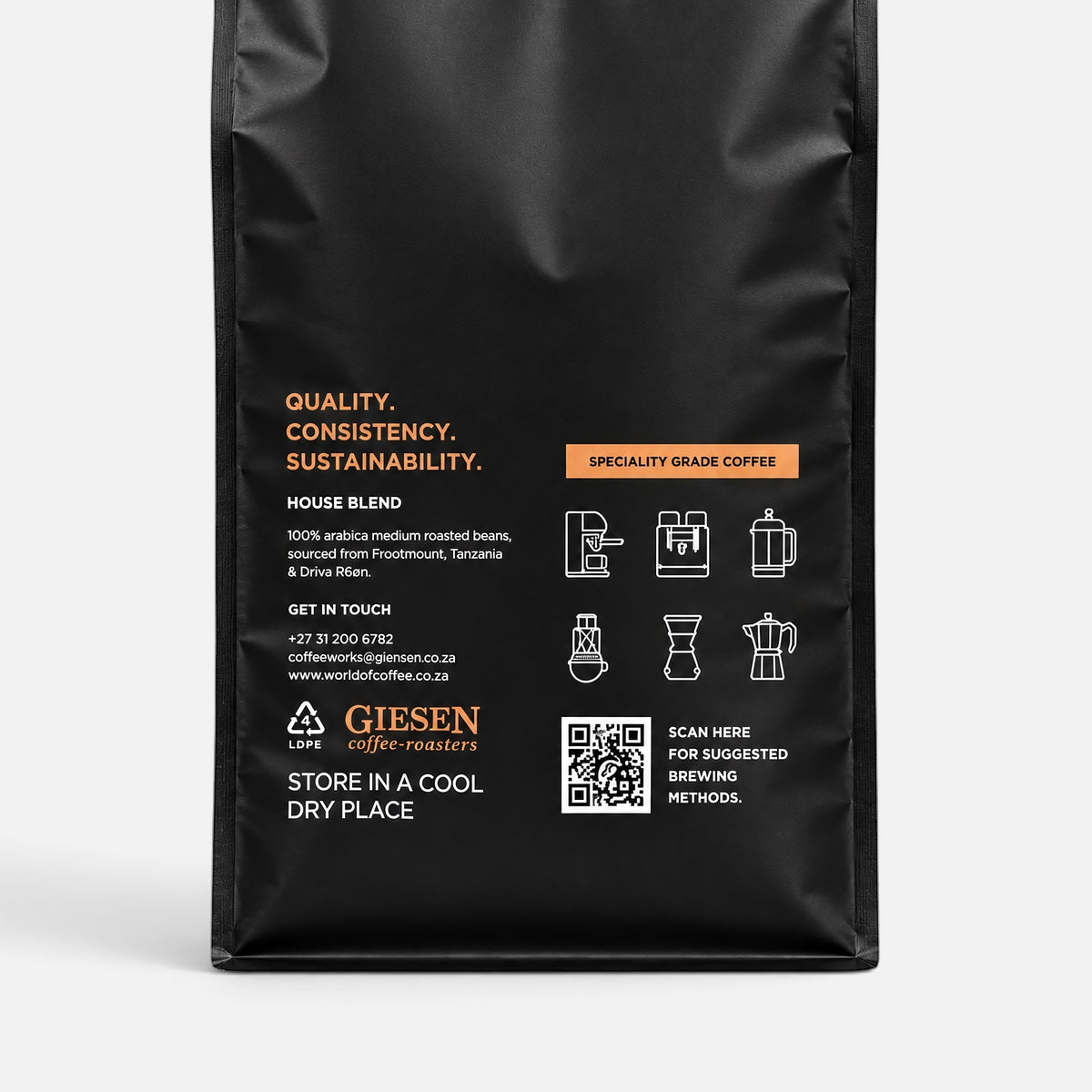 Bootlegger Coffee House Blend 2kg matte black coffee bag with brewing method icons and product information
