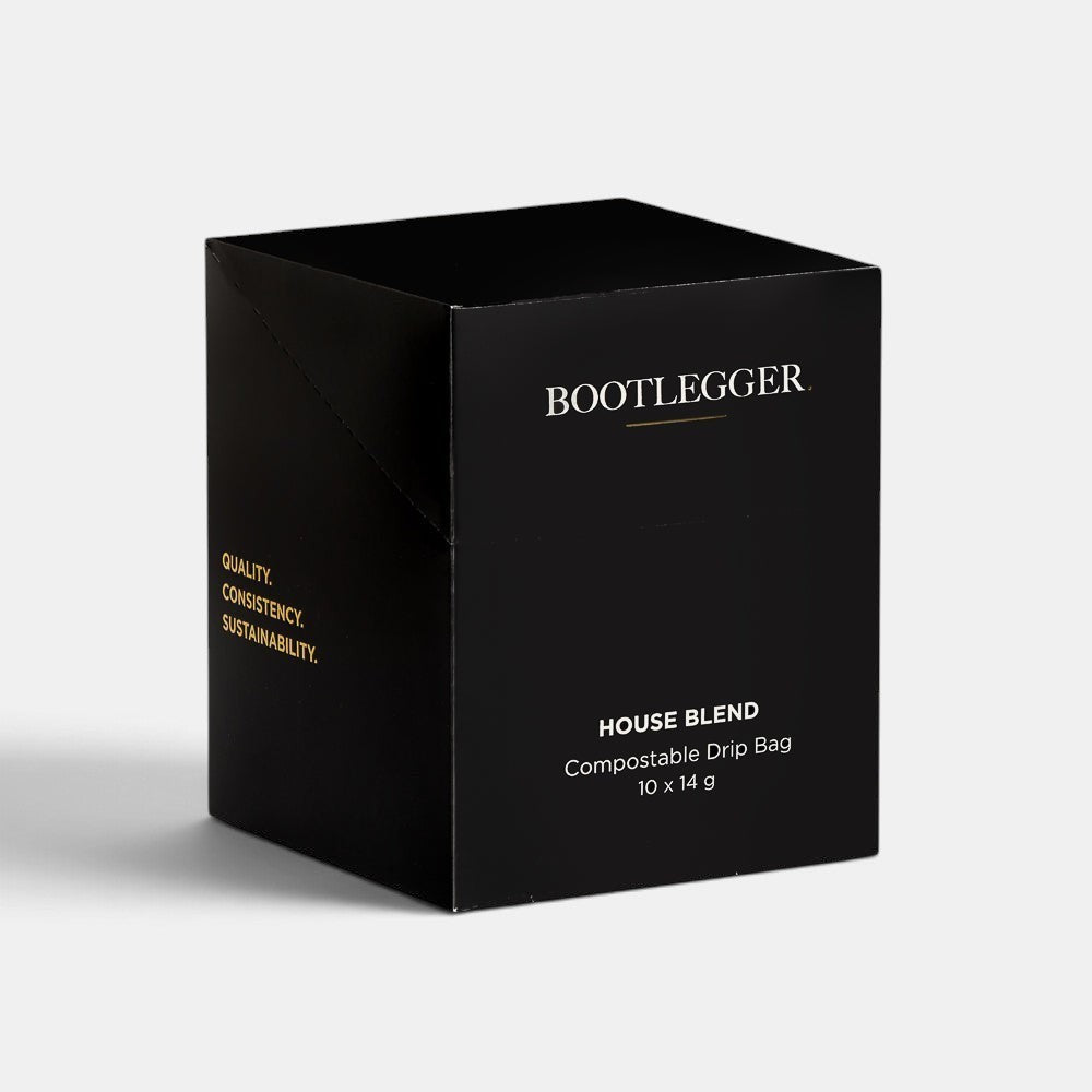Bootlegger Coffee House Blend compostable drip bag box in black packaging with gold text on a white background