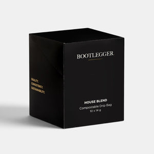 Bootlegger Coffee House Blend compostable drip bag box in black packaging with gold text on a white background