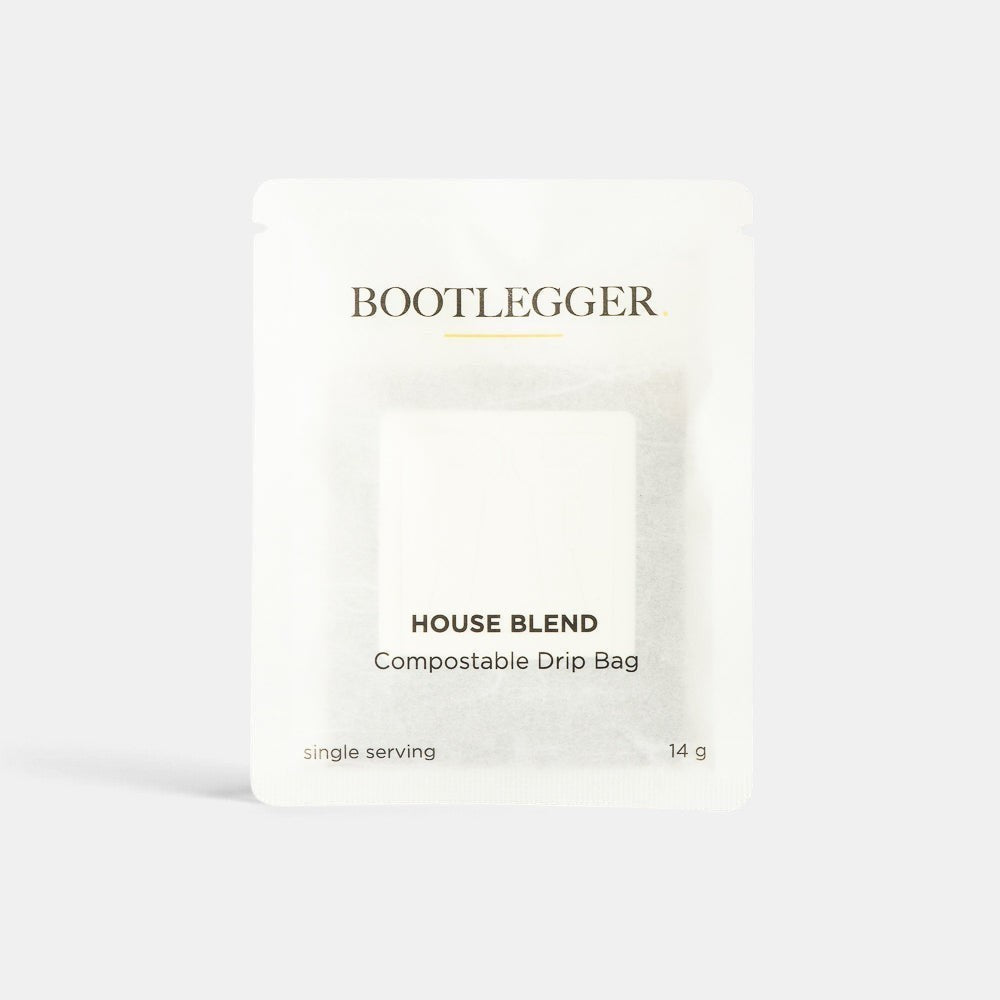 Bootlegger Coffee compostable single-serving house blend coffee drip bag in white packaging