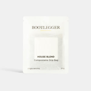 Bootlegger Coffee compostable single-serving house blend coffee drip bag in white packaging