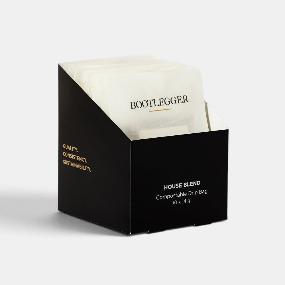Bootlegger Coffee house blend compostable drip bags in a black display box