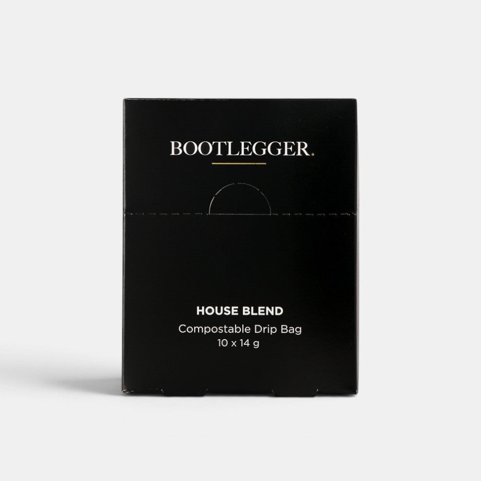 Bootlegger Coffee house blend compostable coffee drip bags in a sleek black rectangular box