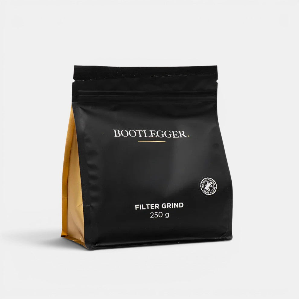 Bootlegger Coffee House Blend 250g filter grind coffee in a black and gold stand-up pouch