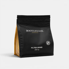 Bootlegger Coffee House Blend 250g filter grind coffee in a black and gold stand-up pouch