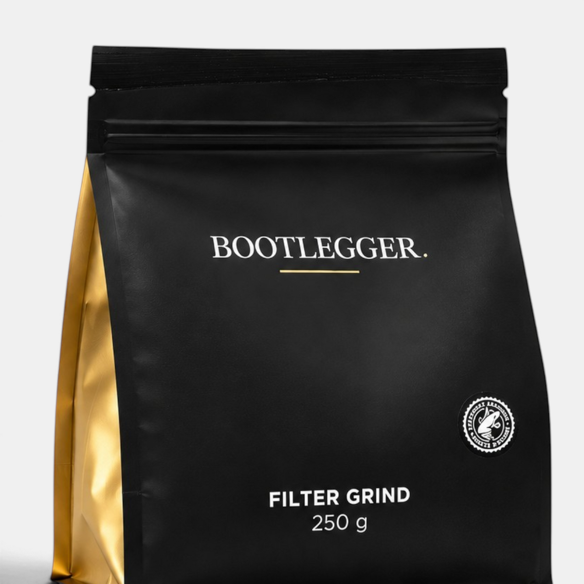 Bootlegger Coffee House Blend 250g filter grind coffee in a sleek black and gold stand-up pouch