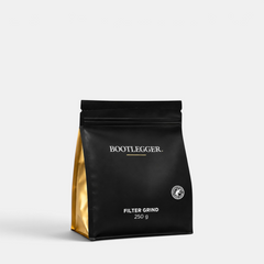 Bootlegger Coffee House Blend 250g filter grind coffee in a sleek black and gold stand-up pouch