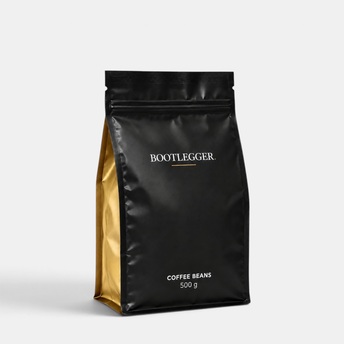 Bootlegger Coffee House Blend 500g coffee beans in a sleek black and gold stand-up pouch