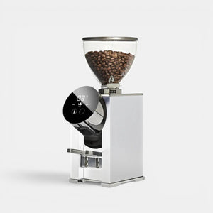 Bootlegger Coffee LX Italia Newton 55 silver espresso grinder with digital display and clear bean hopper