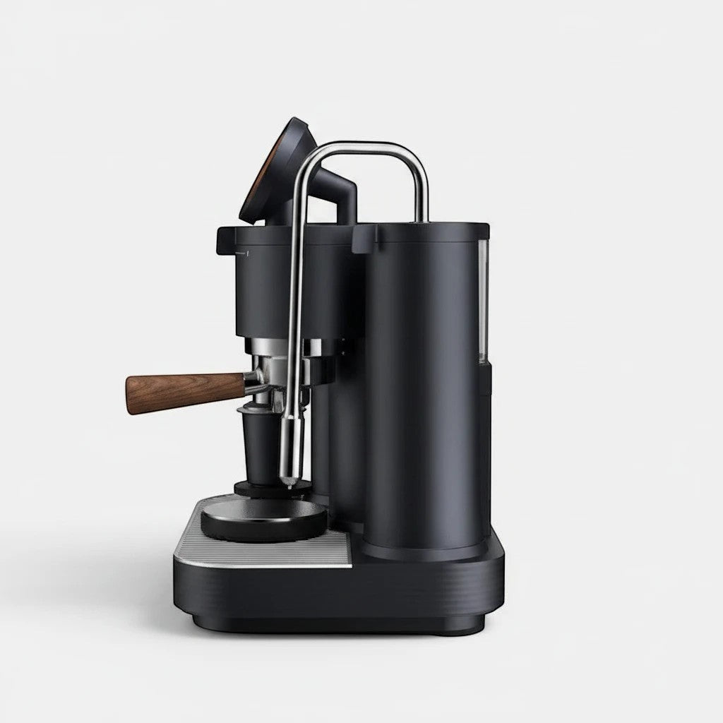Bootlegger Coffee Meraki espresso machine in matte black with a wooden portafilter handle, side view