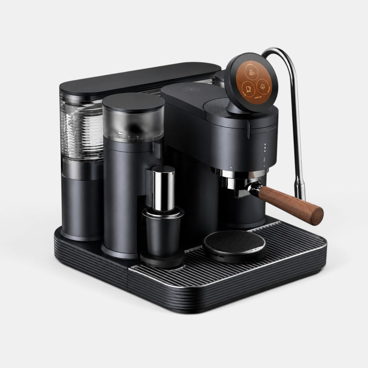 Bootlegger Coffee Meraki espresso machine in matte black with a wooden portafilter handle and digital touch display.