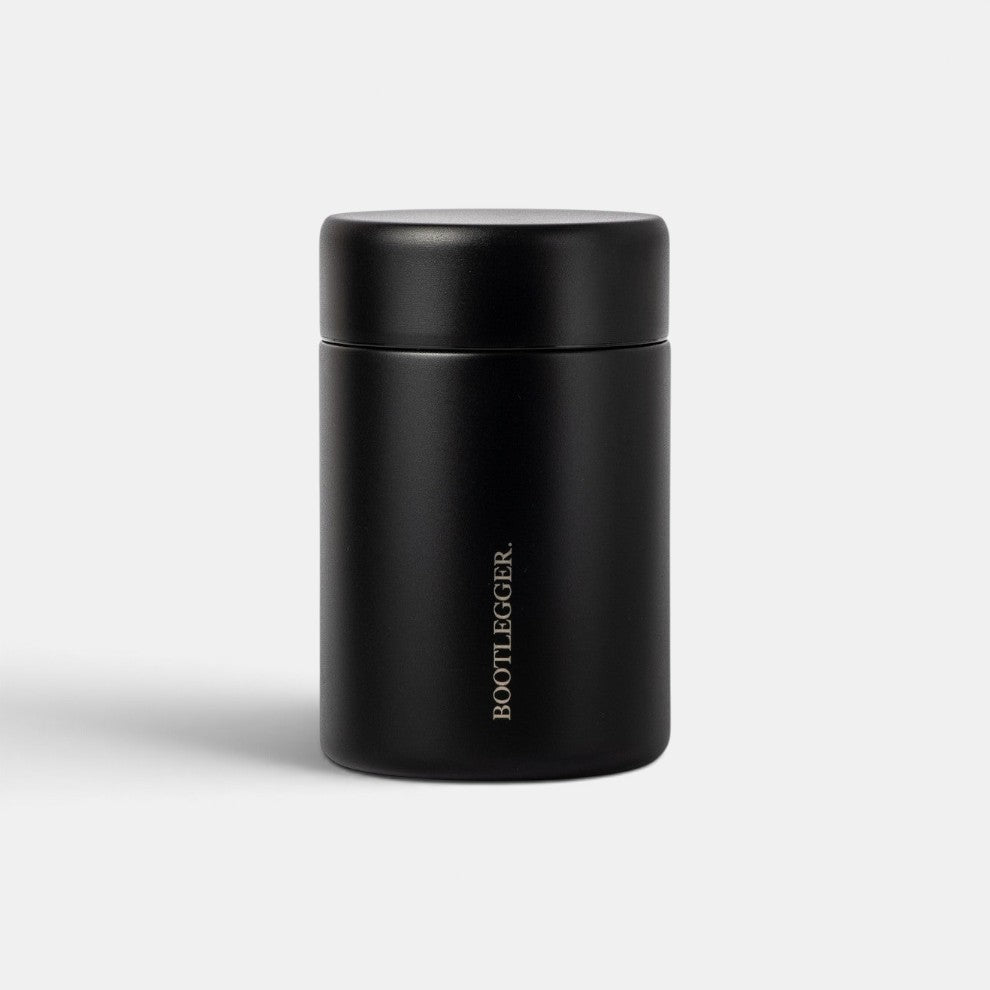 Bootlegger Coffee MiiR matte black stainless steel coffee canister with minimalist branding